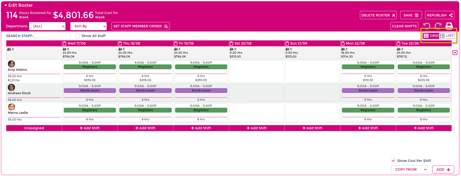 Open grid view and show all staff