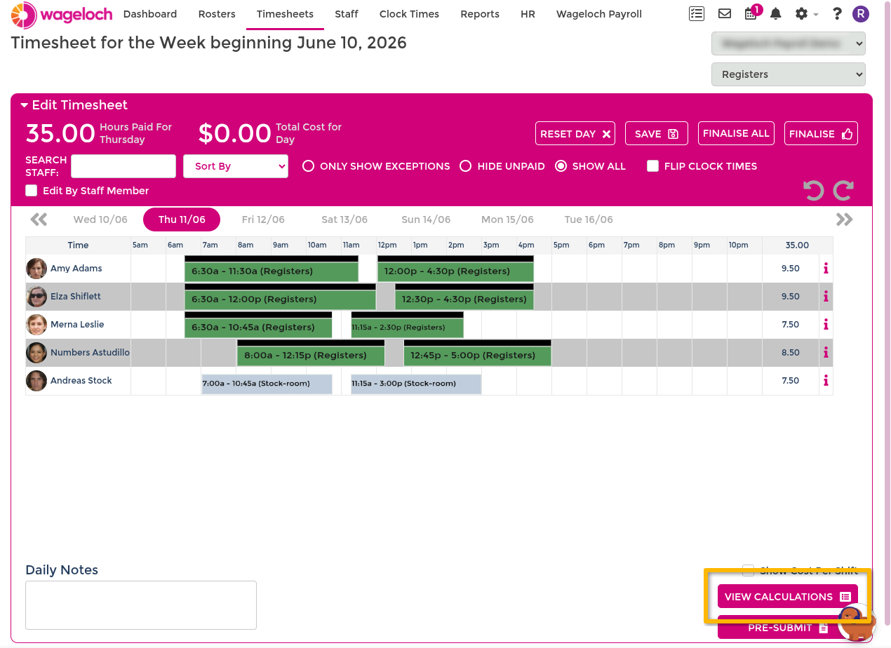View calculations from timesheet screen