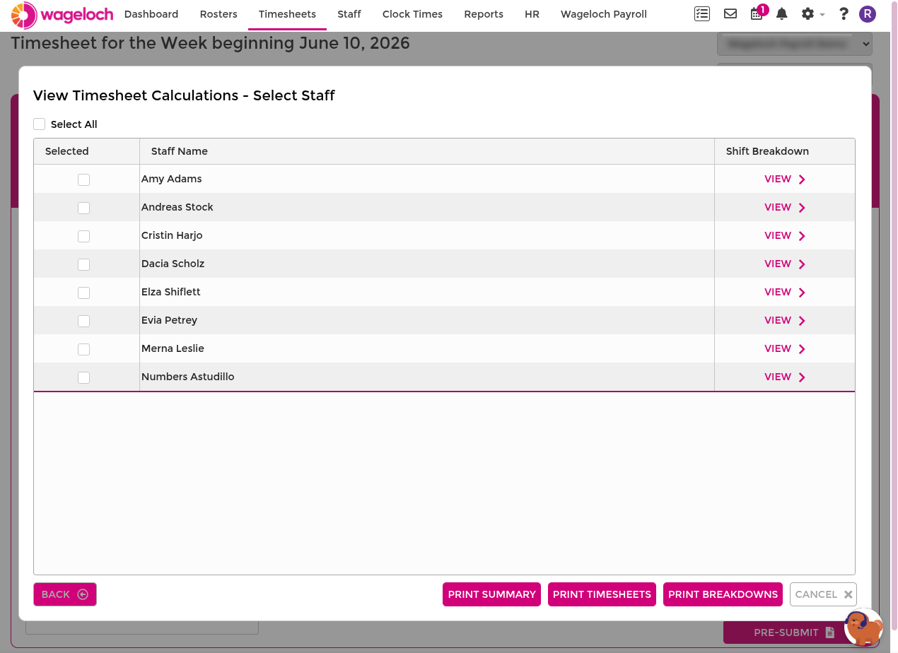 View calculations from timesheet screen