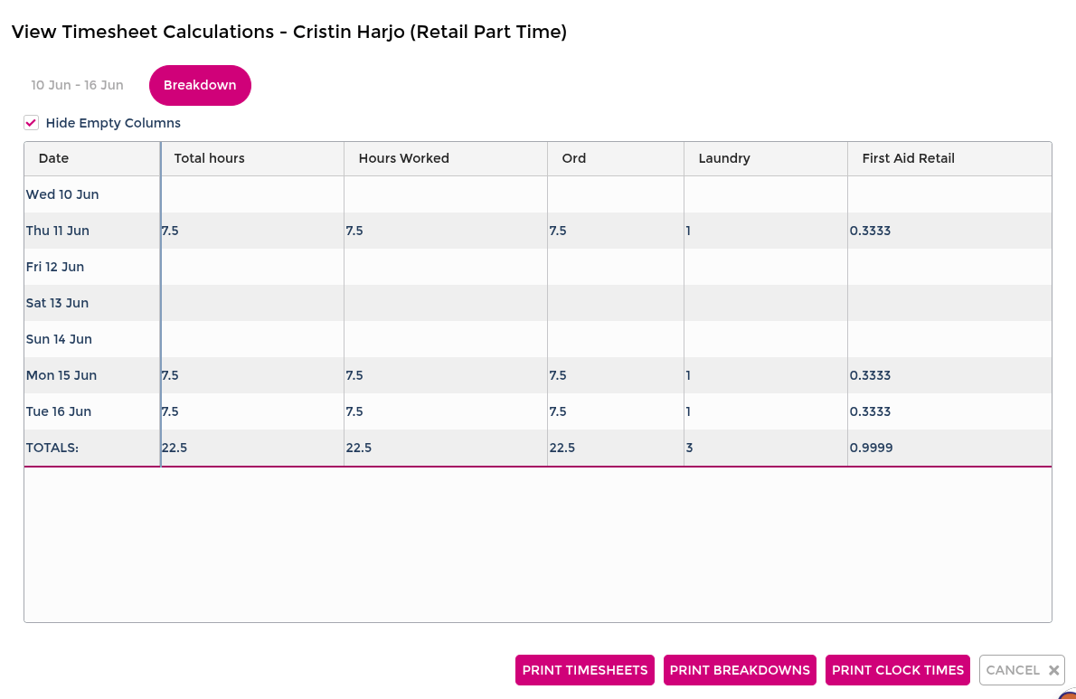 View calculations from timesheet screen
