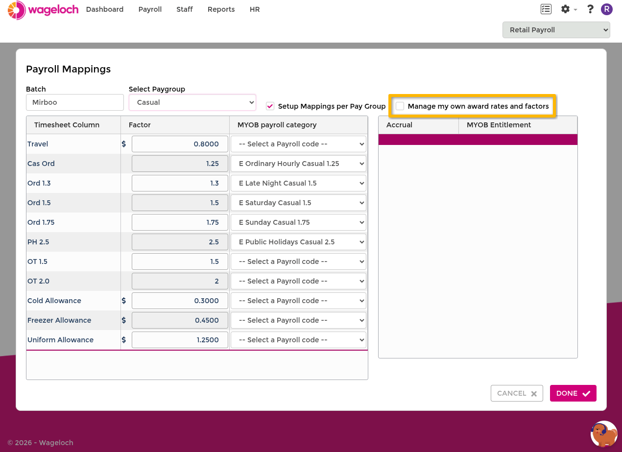 Payroll Mappings screen in self-manage mode