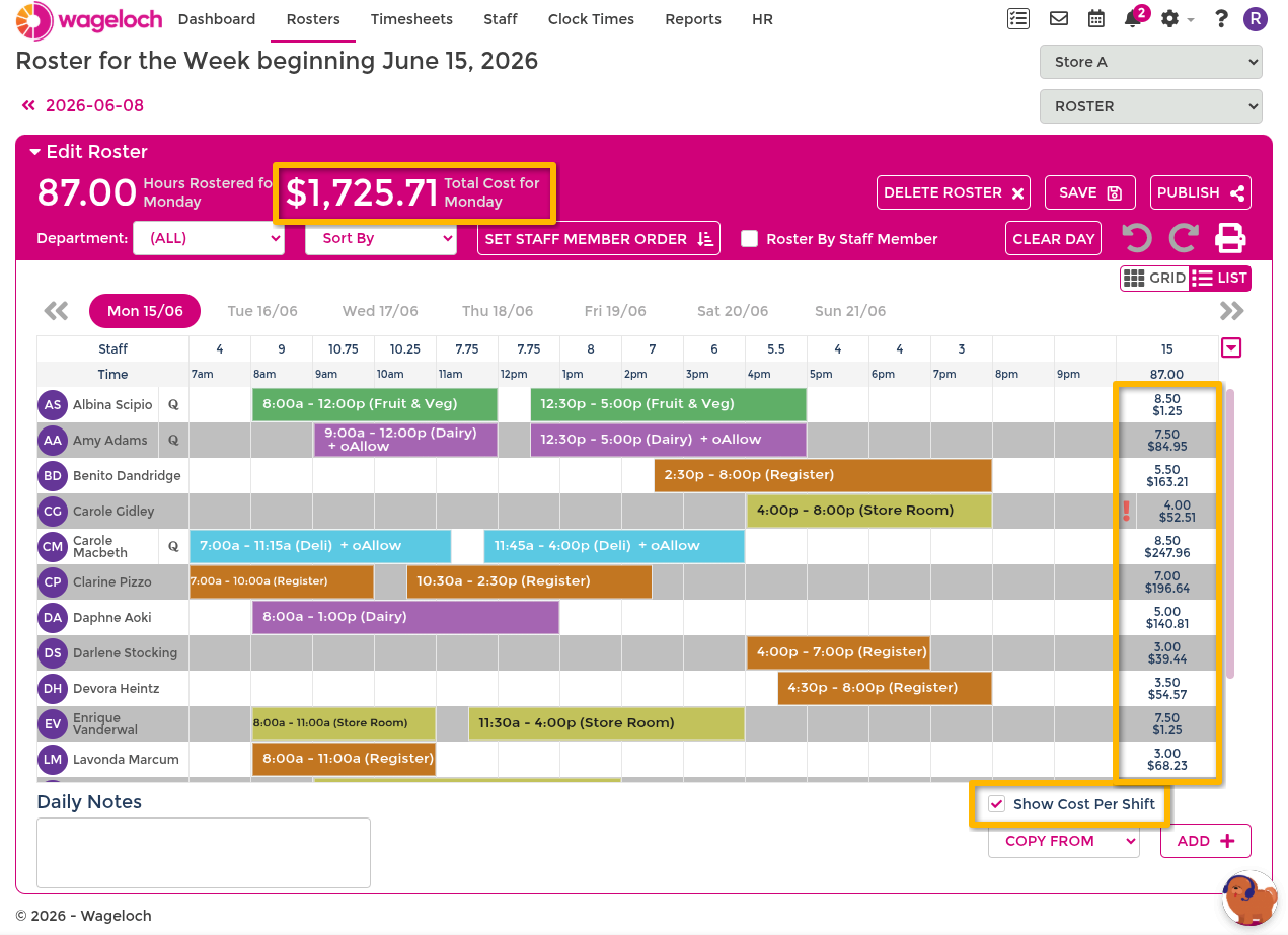 Daily budgeting in roster view