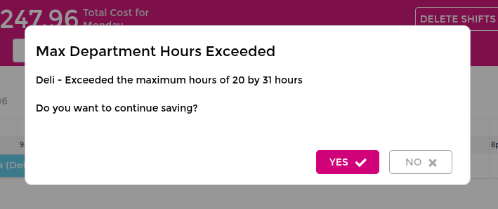 Department hours cap warning in roster and timesheet