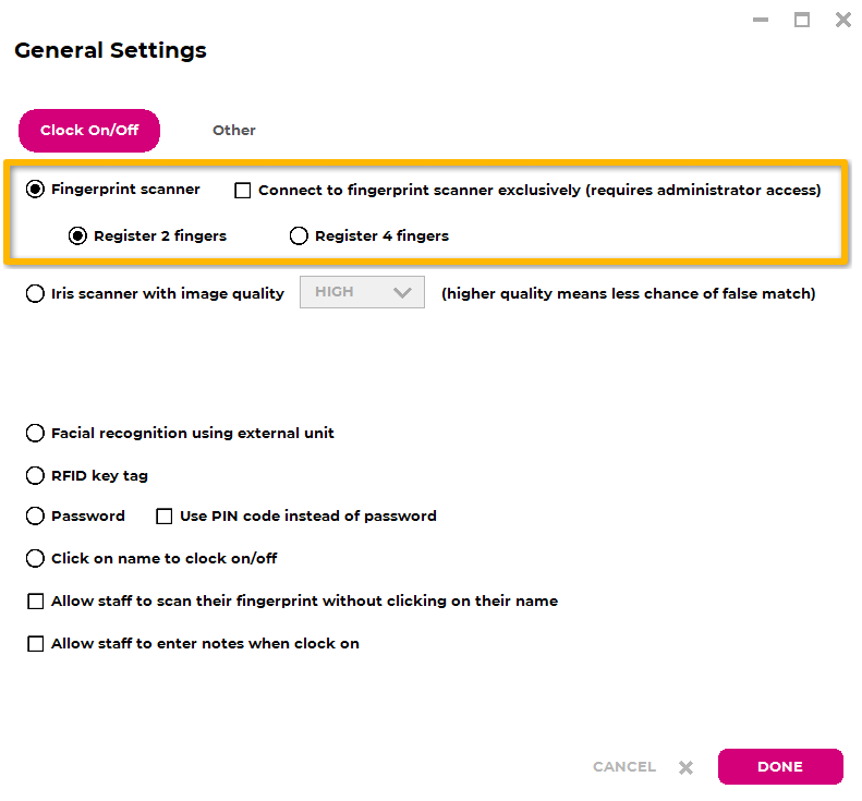 Fingerprint scanner setup screen