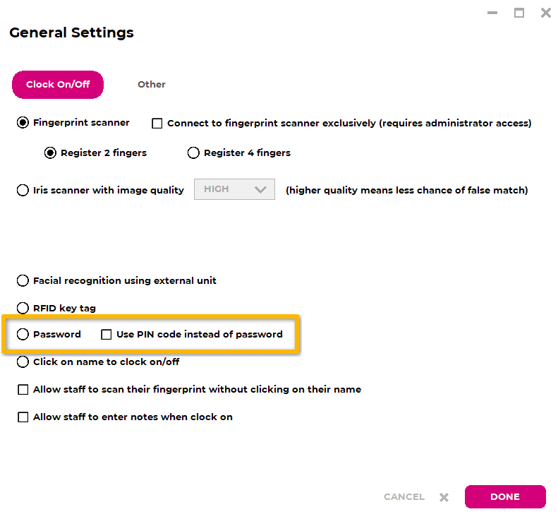 PIN and password method selection during setup