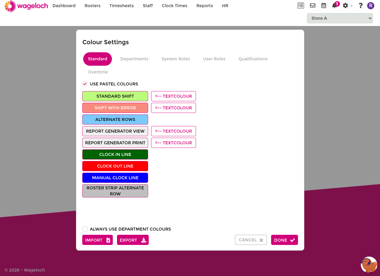 Standard colour settings