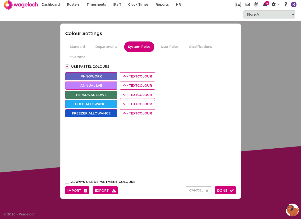 System role colour settings