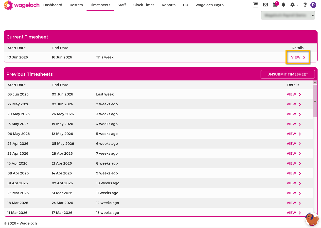 Open current timesheet period