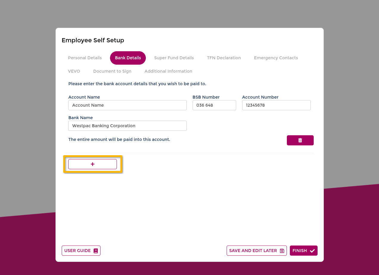 Bank details with split payment options