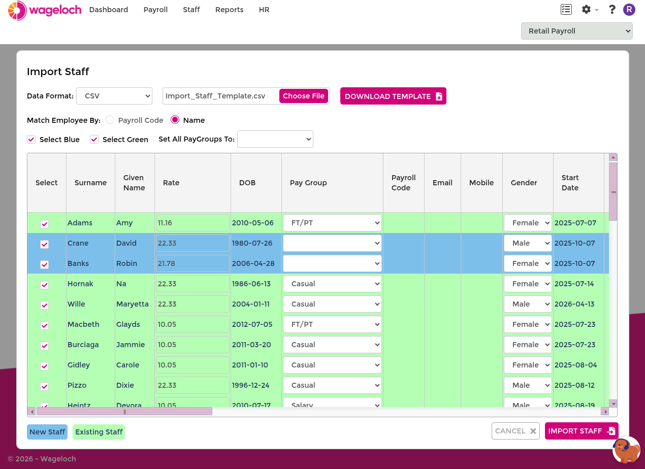 Staff import screen with format selection