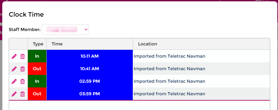 Clock Time entries imported from Teletrac Navman
