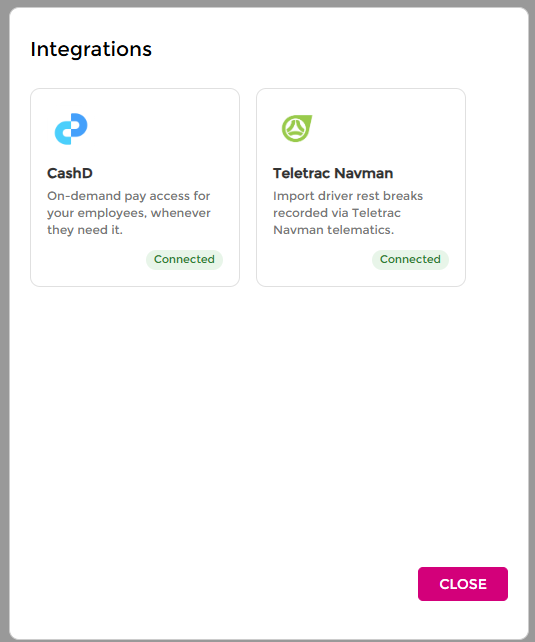 Integrations screen with Teletrac Navman connected