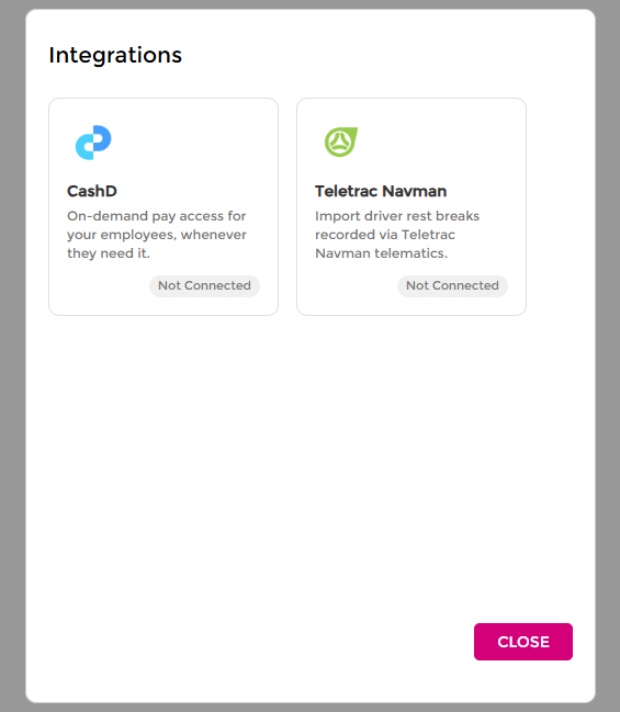 Integrations screen with Teletrac Navman not connected