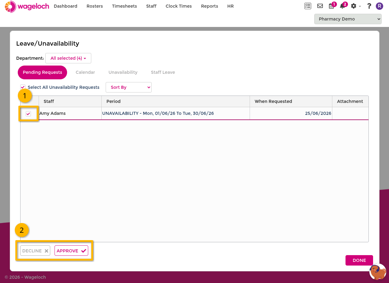 Pending Requests list with an availability request selected and Approve/Decline actions visible