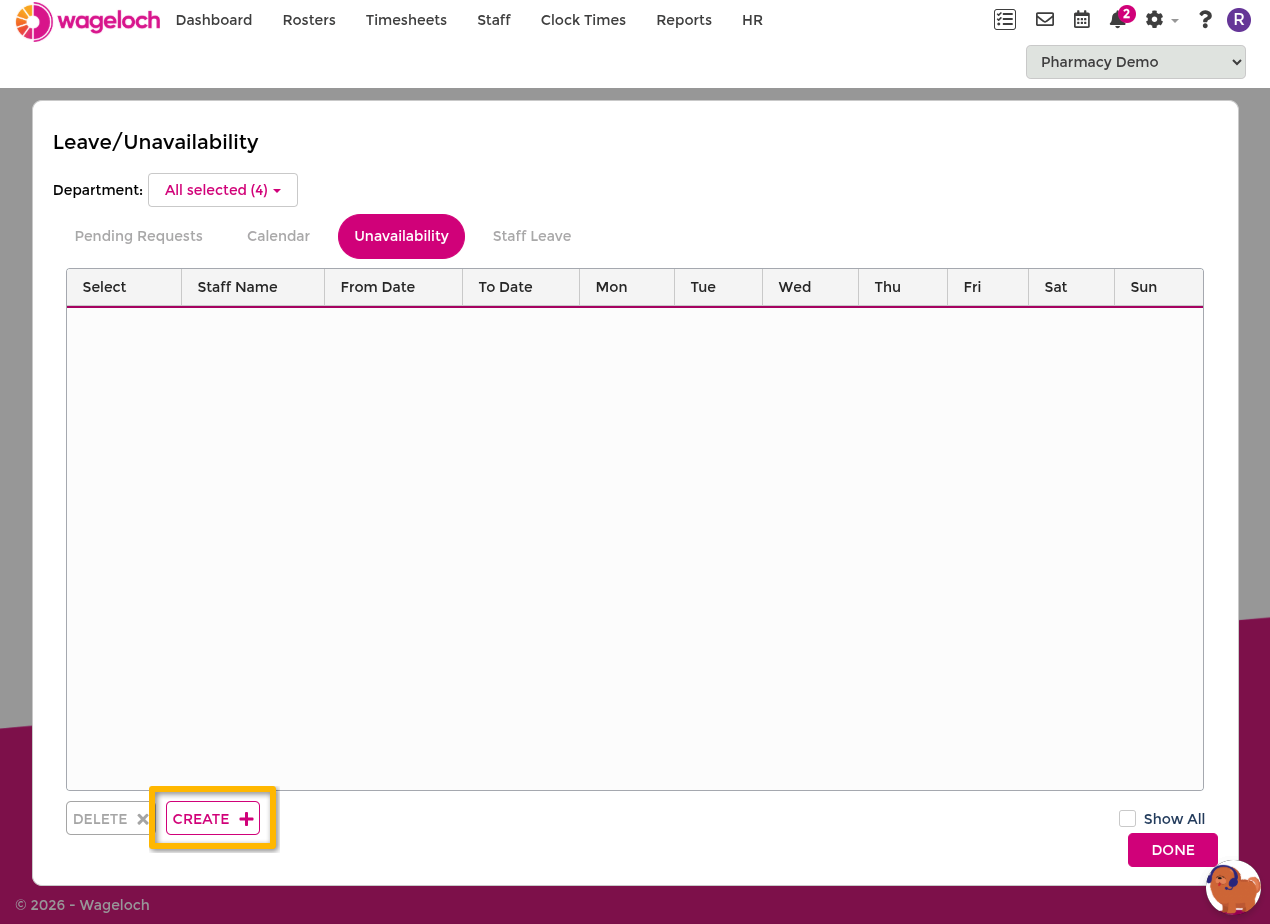 Create availability form showing staff selection, date range, repeat pattern, and day-by-day settings