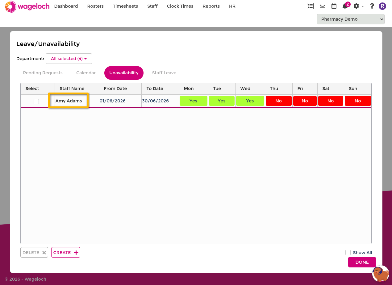 Approved availability entry opened for editing showing existing dates and daily settings