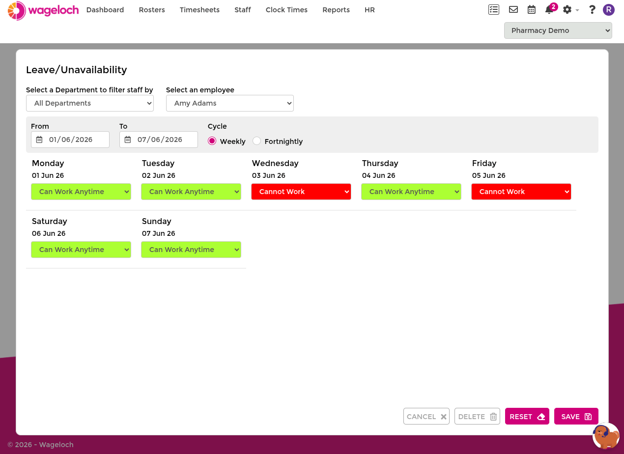 Open pending availability request showing editable date range and daily availability fields