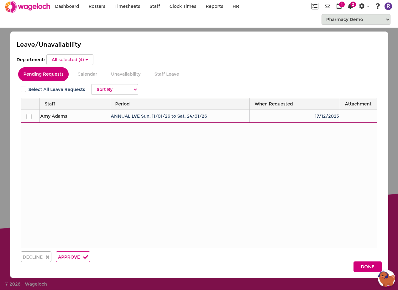 Leave Calendar showing Pending Requests, Staff Leave, and Calendar View sections