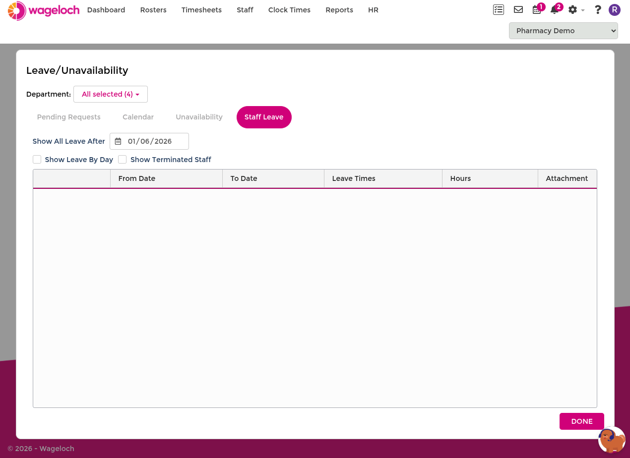 Leave Calendar showing Pending Requests, Staff Leave, and Calendar View sections