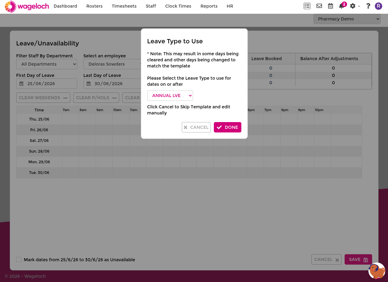 Apply leave template prompt in a pending request