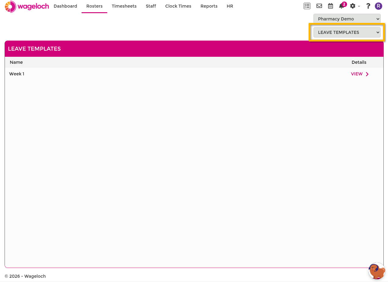 Leave Template roster view showing a completed shift pattern