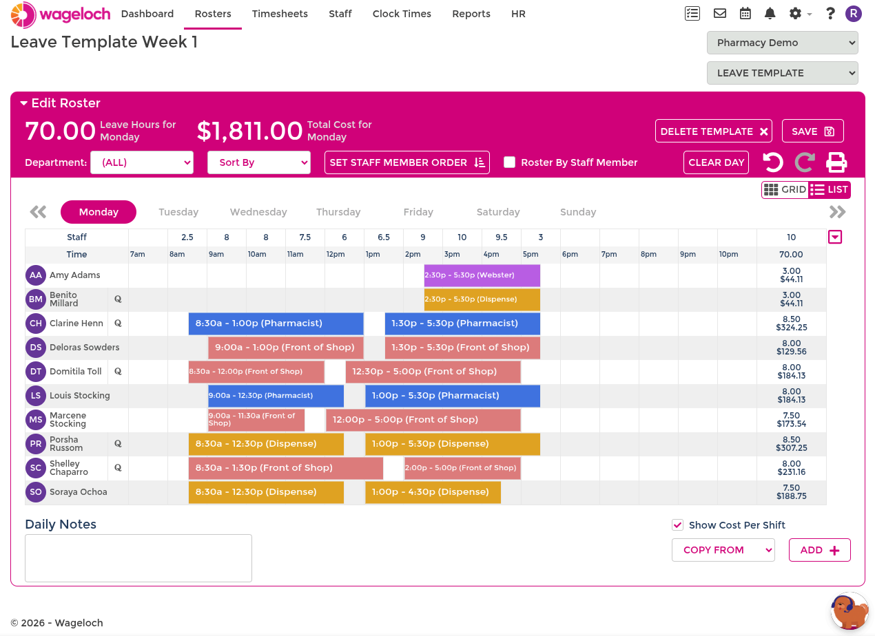 Leave Template roster view showing a completed shift pattern