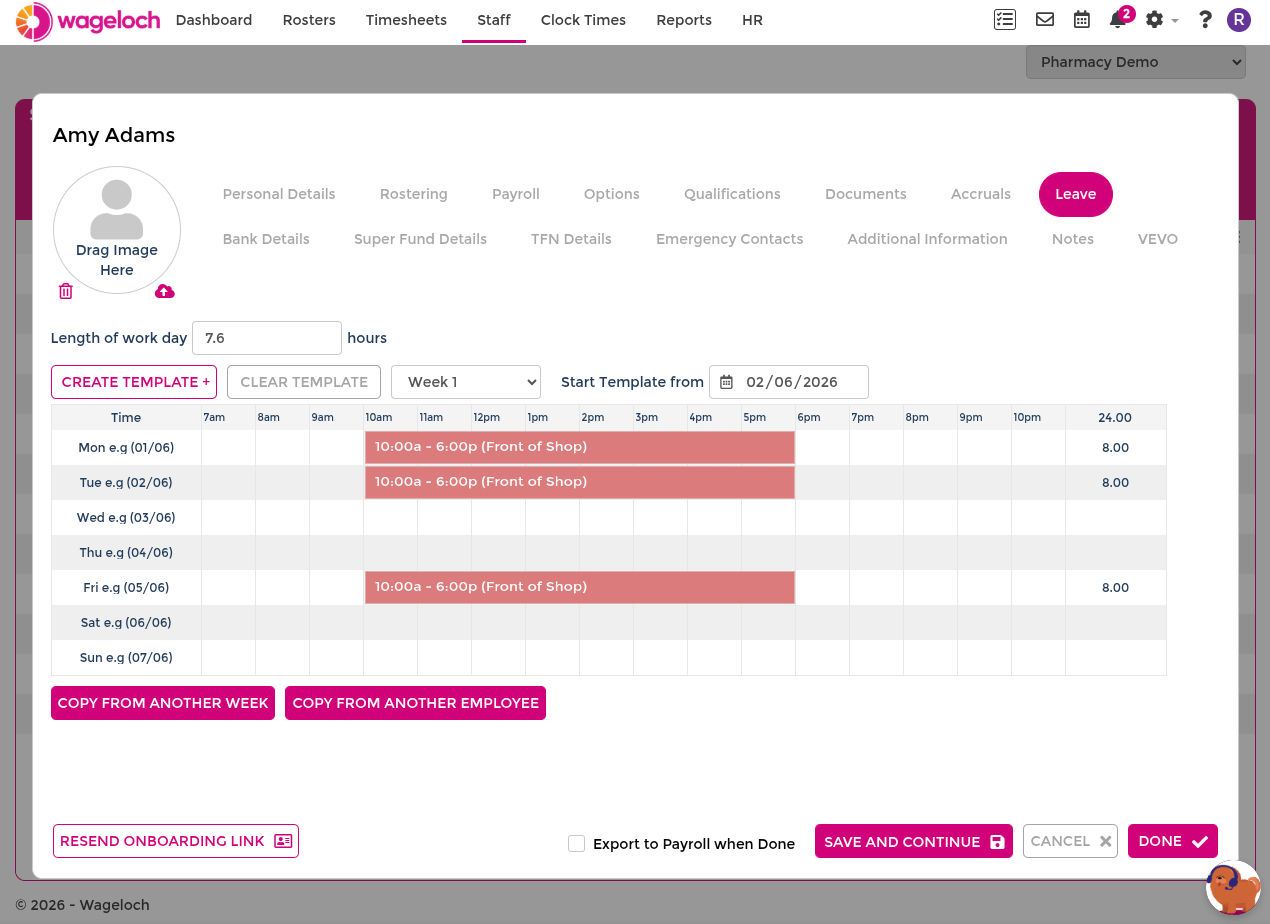 Employee Leave section showing template fields including Start Template date and default hours