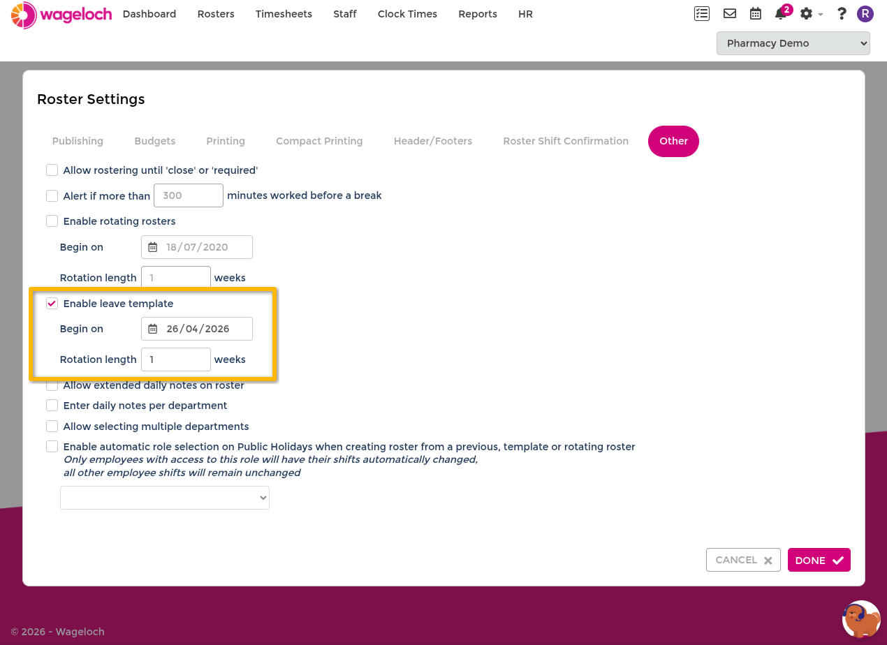 Rosters settings with Leave Template enabled, showing start date and cycle-length fields