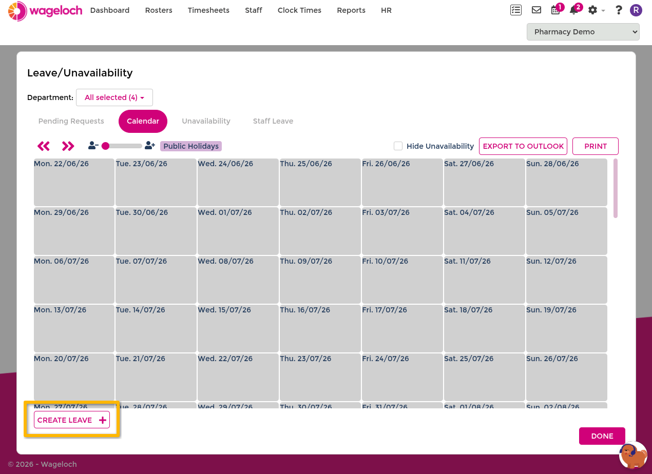 Create Leave panel showing staff selection, date range, and leave rows
