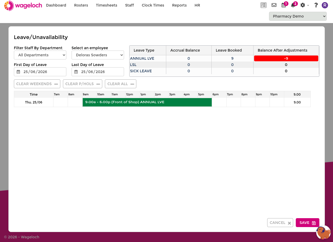 Create Leave panel showing staff selection, date range, and leave rows