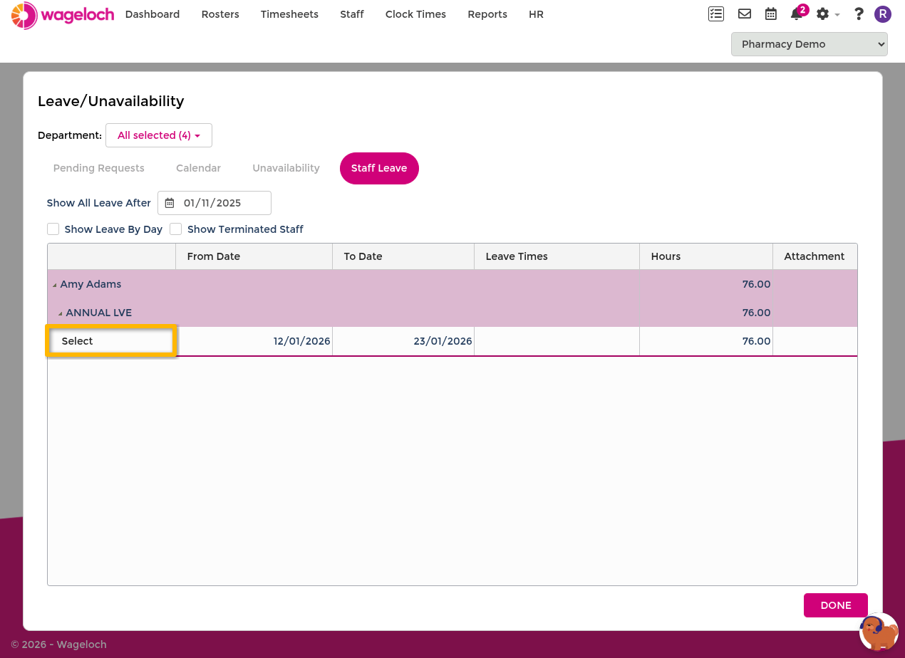 Staff Leave section with an expanded leave booking showing editable fields