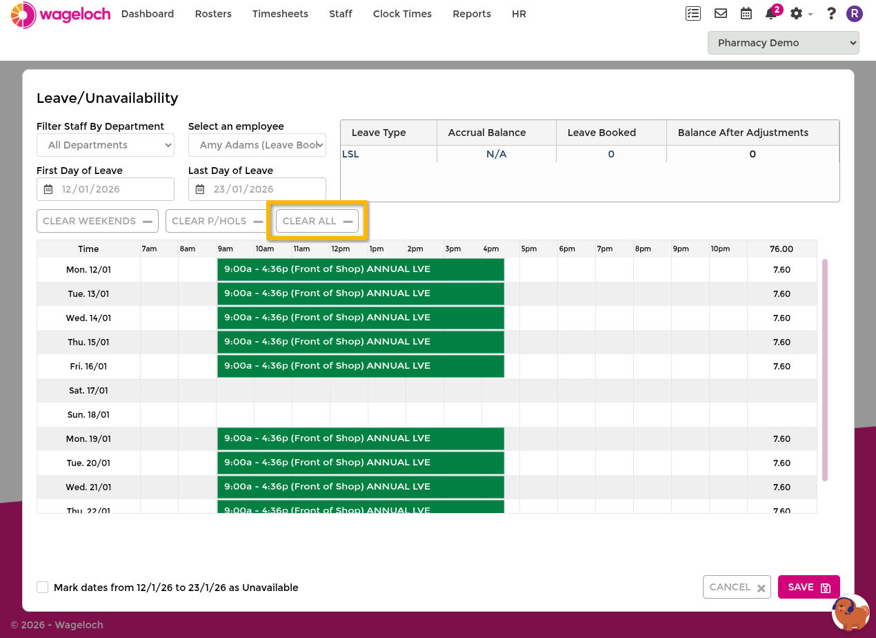Staff Leave section with an expanded leave booking showing editable fields