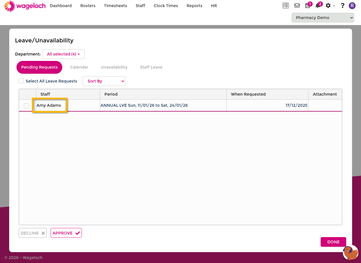 Open pending leave request showing editable leave type and date fields