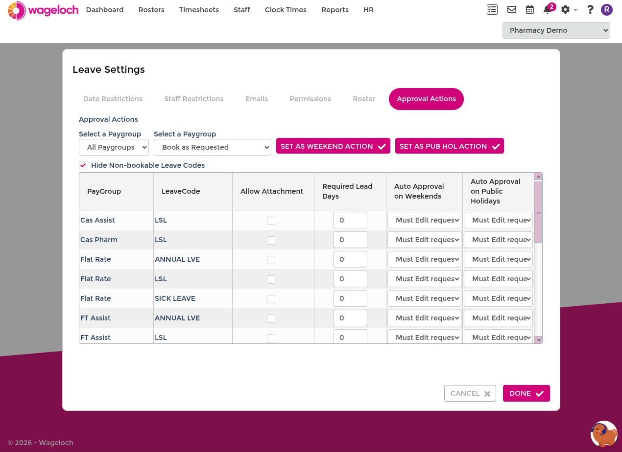 Approval Actions showing action modes, attachment toggle, and required lead days fields