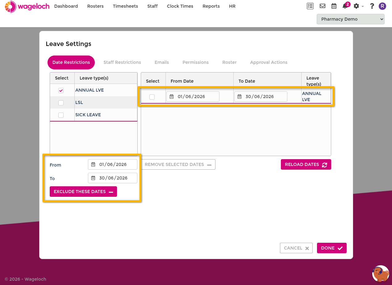 Leave settings showing Date Restrictions with selected leave types and a completed blocked date range