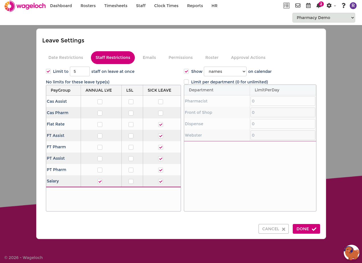 Staff Restrictions showing site-wide and per-department limit fields