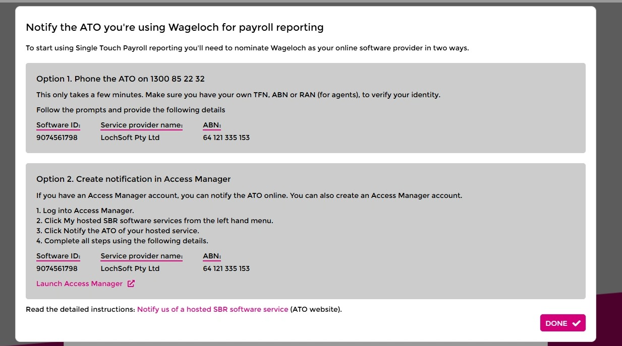 Notify the ATO you're using Wageloch for payroll reporting dialog