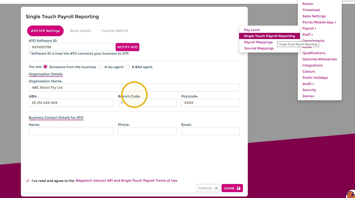 Single Touch Payroll Reporting settings with Notify ATO highlighted