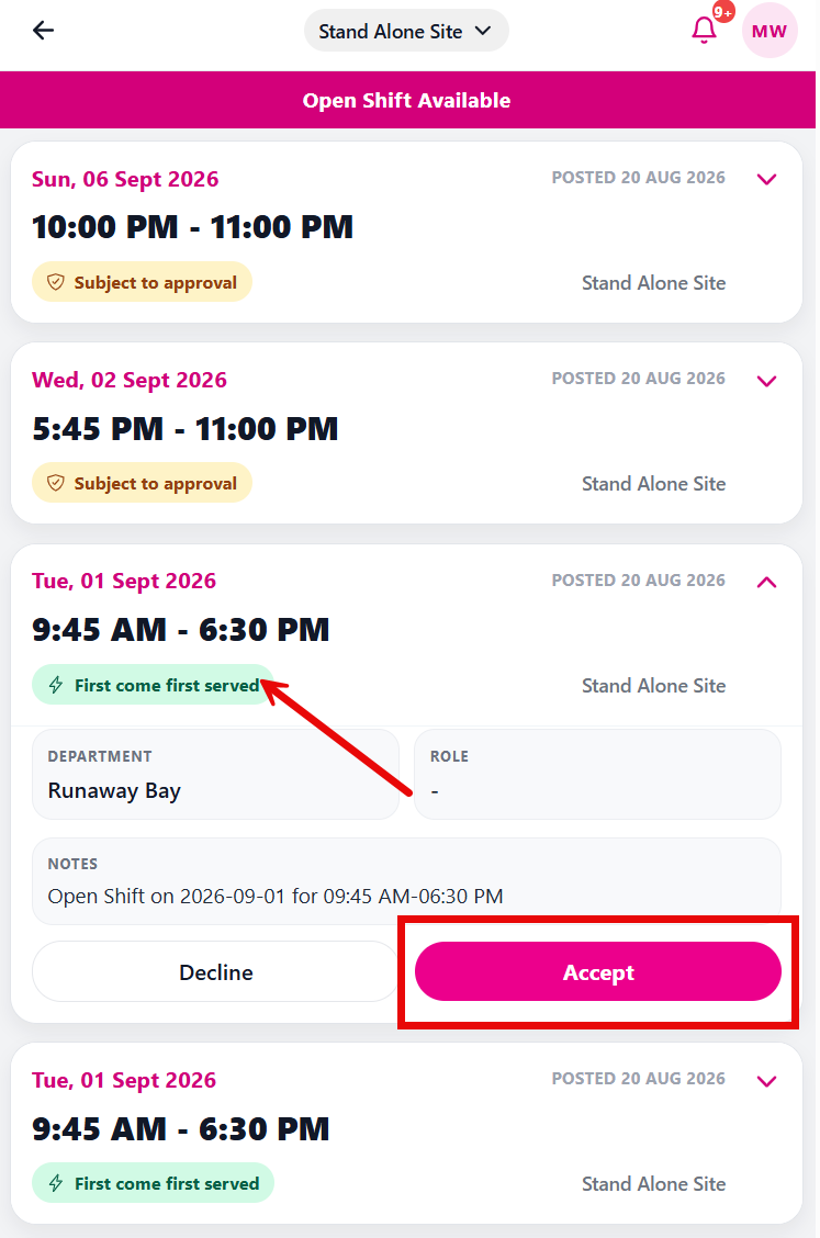 List of open shifts showing Subject to approval and First come first served tags.