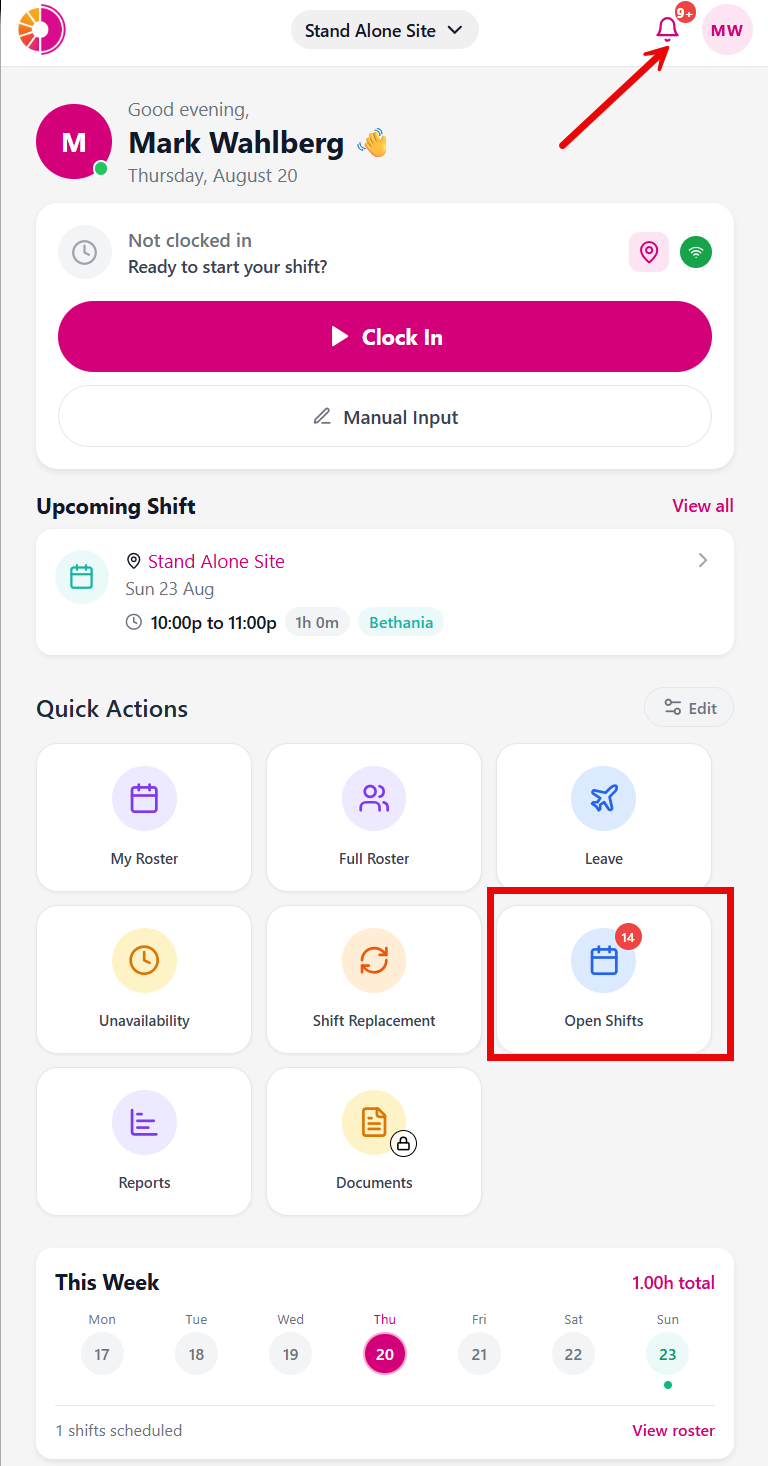 Mobile app home screen with Open Shifts quick action highlighted.