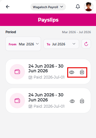 Payslips screen with the From/To period filter and a payslip row showing the view and download icons
