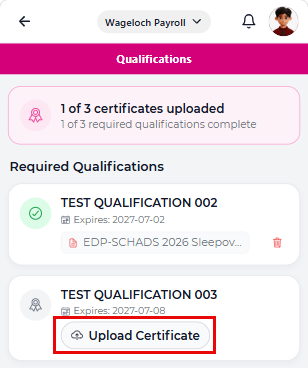 Qualifications screen showing the certificate count summary and a required qualification row with the Upload Certificate button