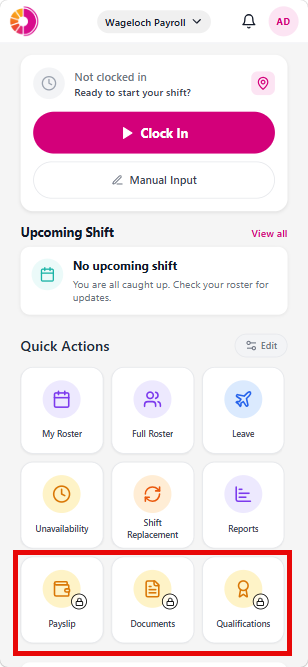 Home screen Quick Actions grid with the Payslips, Documents, and Qualifications icons showing a lock badge