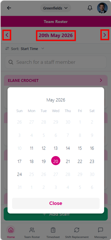 Team roster date picker