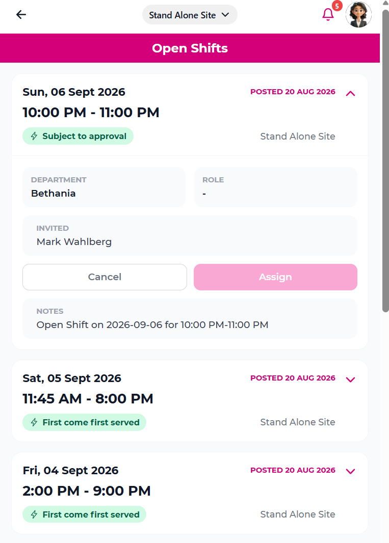 Open Shifts pending requests screen showing multiple open shifts with status badges, shift details, and Cancel and Assign action buttons