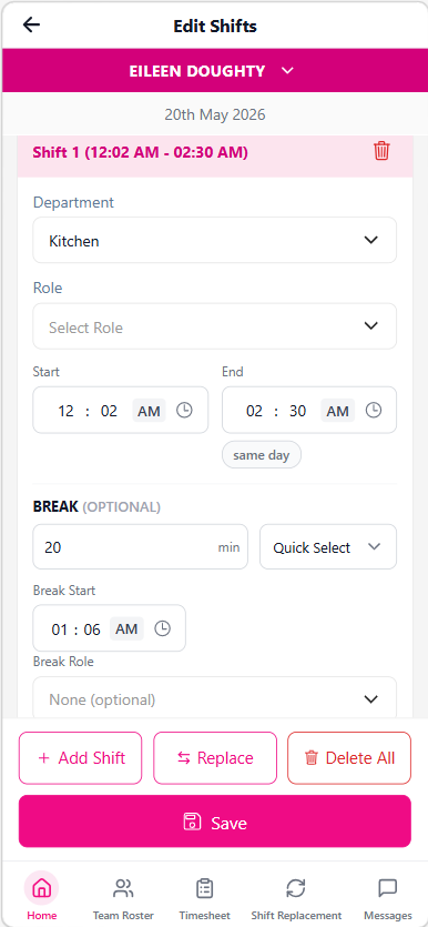 Roster shift edit page