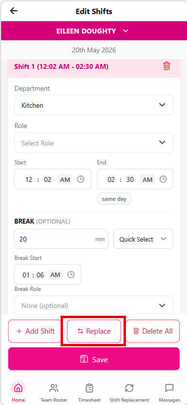 Replace roster shift