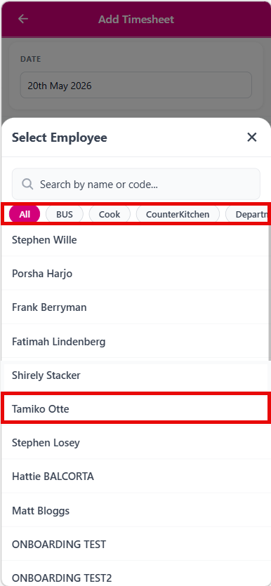 Select employee for timesheet