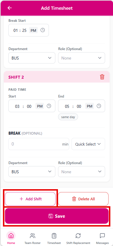 Set timesheet shift details