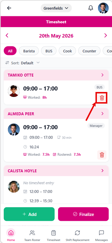 Delete timesheet entries